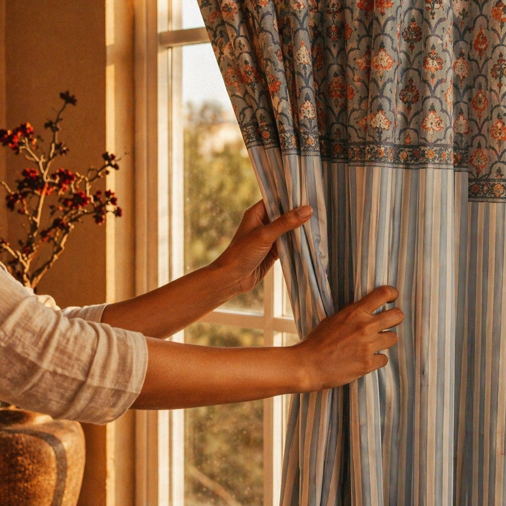 Ornate Floral and Bold Stripe Cotton Door Curtain, The Draped Window. Handmade in India by House of Taraasha.