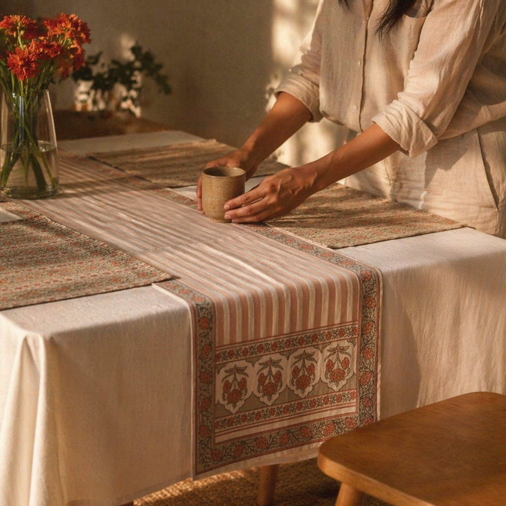 Royal Courtyards Runner and Mat Set Dusty Pink and Off-White, The Gathered Table. Handmade in India by House of Taraasha.