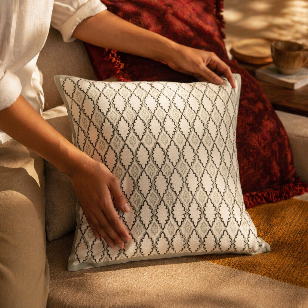 Aqua Geometric Hand Block-Printed Cotton Cushion Cover, The Living Room. Handmade in India by House of Taraasha.