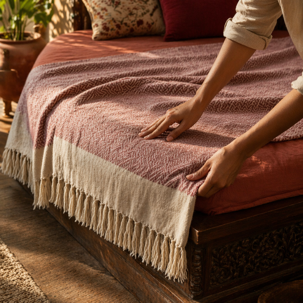 Chevron Pink Handwoven Pure Cotton Throw, The Linen Room. Handmade in India by House of Taraasha.