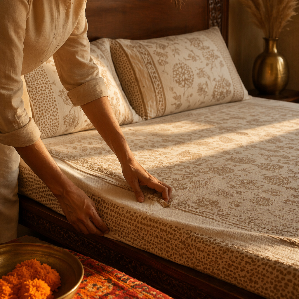 Marigold Taupe and Off-White Block-Printed Bedsheet, The Linen Room. Handmade in India by House of Taraasha.