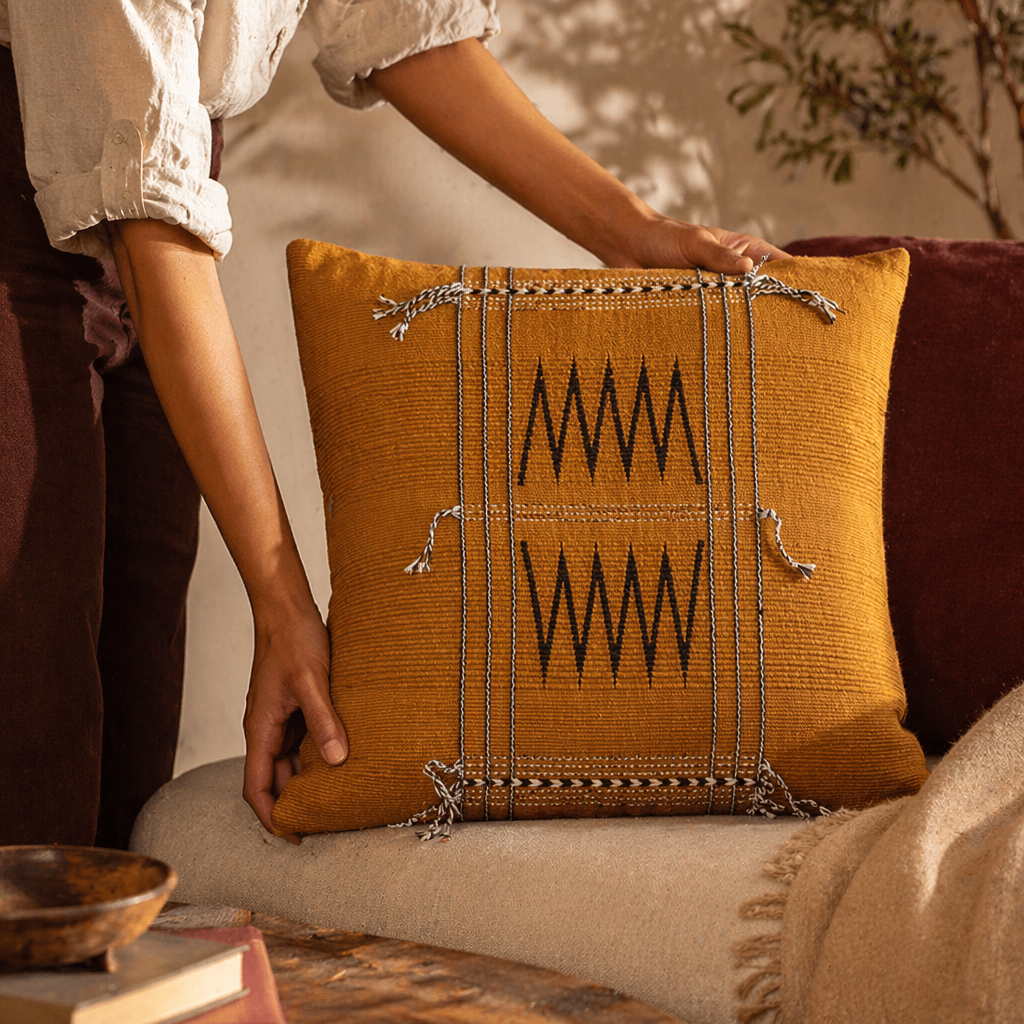 Naga Mustard Backstrap-Loom Woven Tribal Cushion Cover, The Living Room. Handmade in India by House of Taraasha.