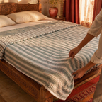 Green Leafy Stripes Reversible Mulmul Quilt, The Linen Room. Handmade in India by House of Taraasha.