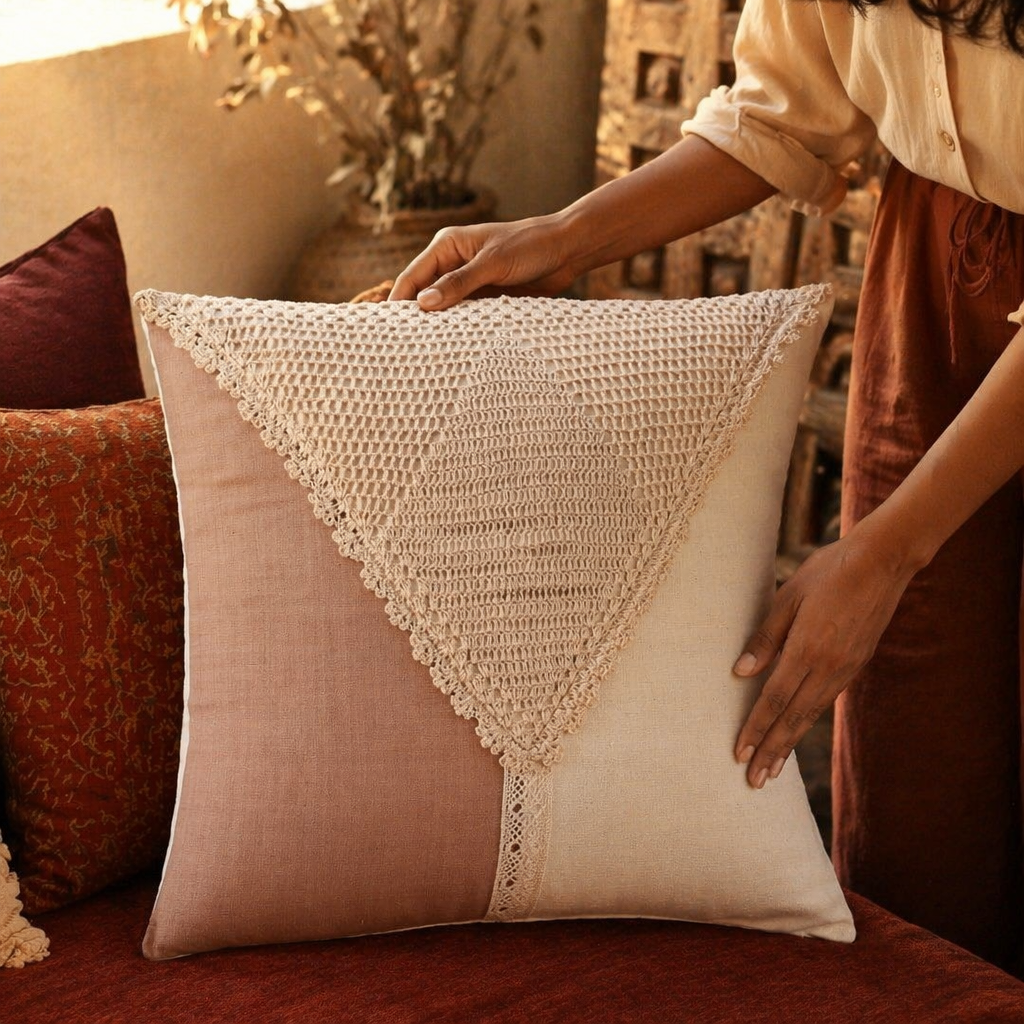 Taupe and Off White Crochet-Detailed Cotton Cushion Cover, The Living Room. Handmade in India by House of Taraasha.
