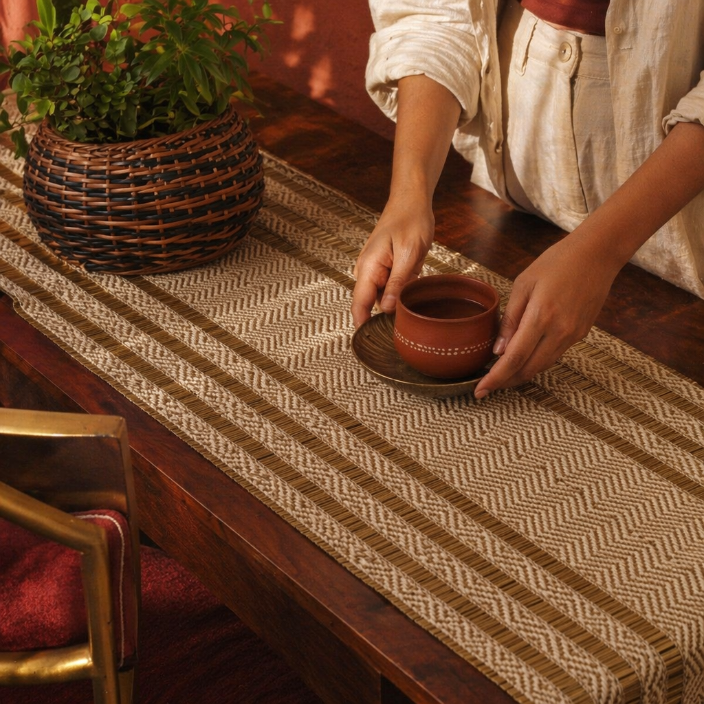 Madur Grass Woven Runner Off-White, The Gathered Table. Handmade in India by House of Taraasha.