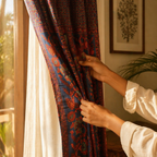 Chintz Single Panel Ivory, Maroon and Navy Cotton Curtain, The Draped Window. Handmade in India by House of Taraasha.