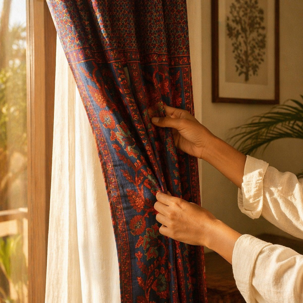 Chintz Single Panel Ivory, Maroon and Navy Cotton Curtain, The Draped Window. Handmade in India by House of Taraasha.