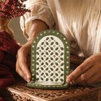 Green Lippan Mud and Mirror Tea Light Holder, Still Light. Handmade in India by House of Taraasha.