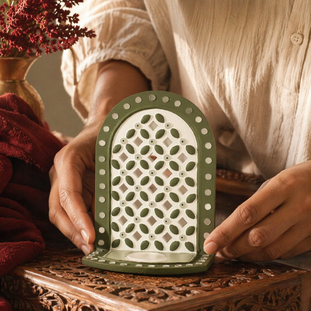 Green Lippan Mud and Mirror Tea Light Holder, Still Light. Handmade in India by House of Taraasha.