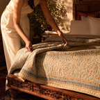 Ivory Taupe & Powder Blue Chintz-Inspired Quilt, The Linen Room. Handmade in India by House of Taraasha.