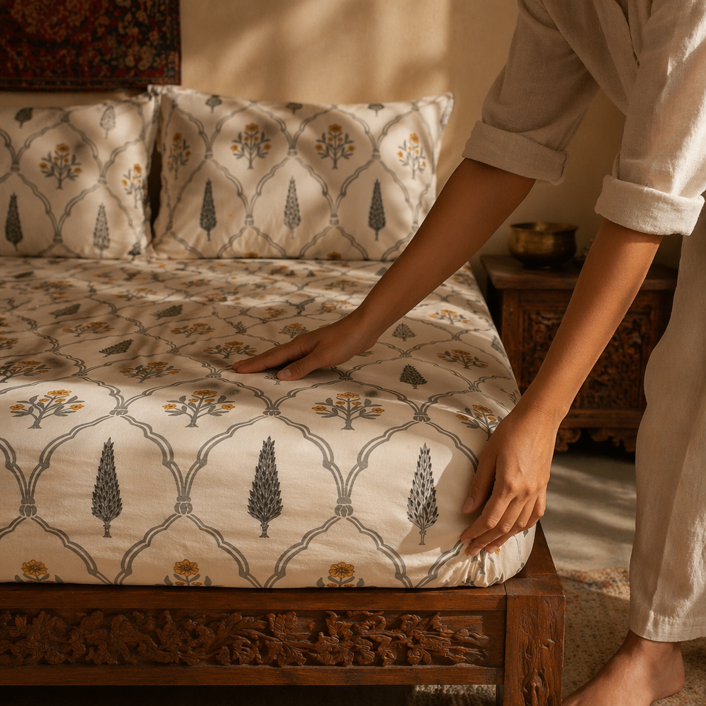 Cypress Yellow Hand-Printed Floral Bedsheet, The Linen Room. Handmade in India by House of Taraasha.