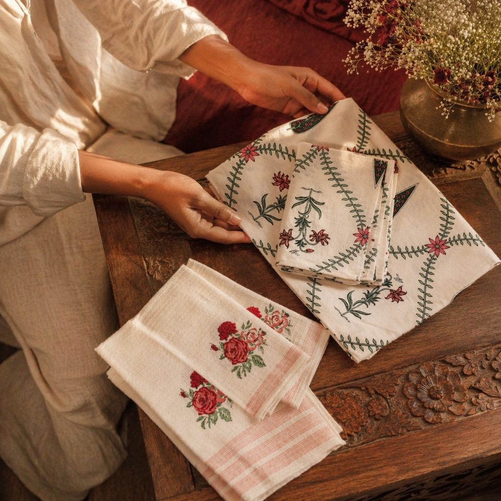 White and Pink Floral Bed and Bath Gift Set, The Gift Room. Handmade in India by House of Taraasha.