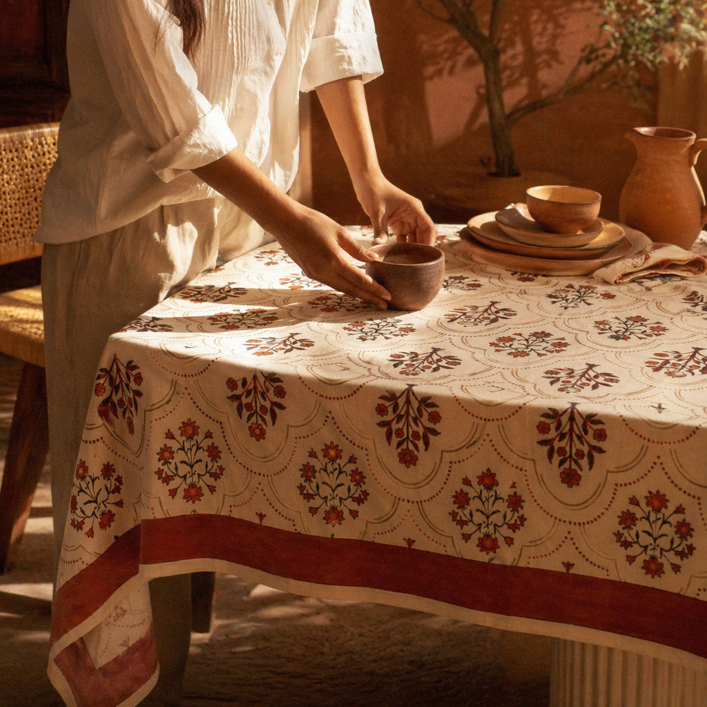 Rust & Maroon Ornate Floral Cotton Tablecloth, The Gathered Table. Handmade in India by House of Taraasha.