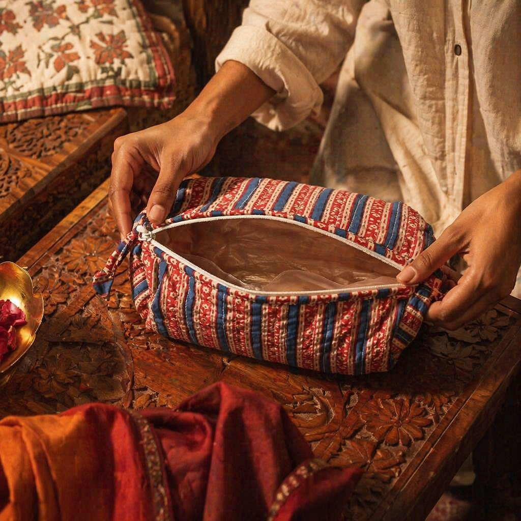 Quilted Block-Print Pouch Red and Blue, Large, The Gift Room. Handmade in India by House of Taraasha.