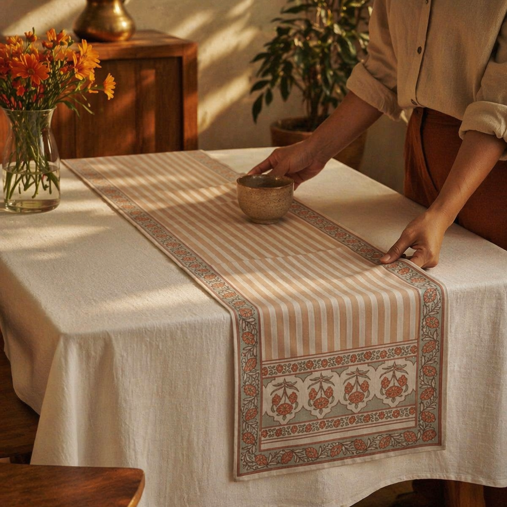 Royal Pink Pure Cotton Floral Table Runner, The Gathered Table. Handmade in India by House of Taraasha.