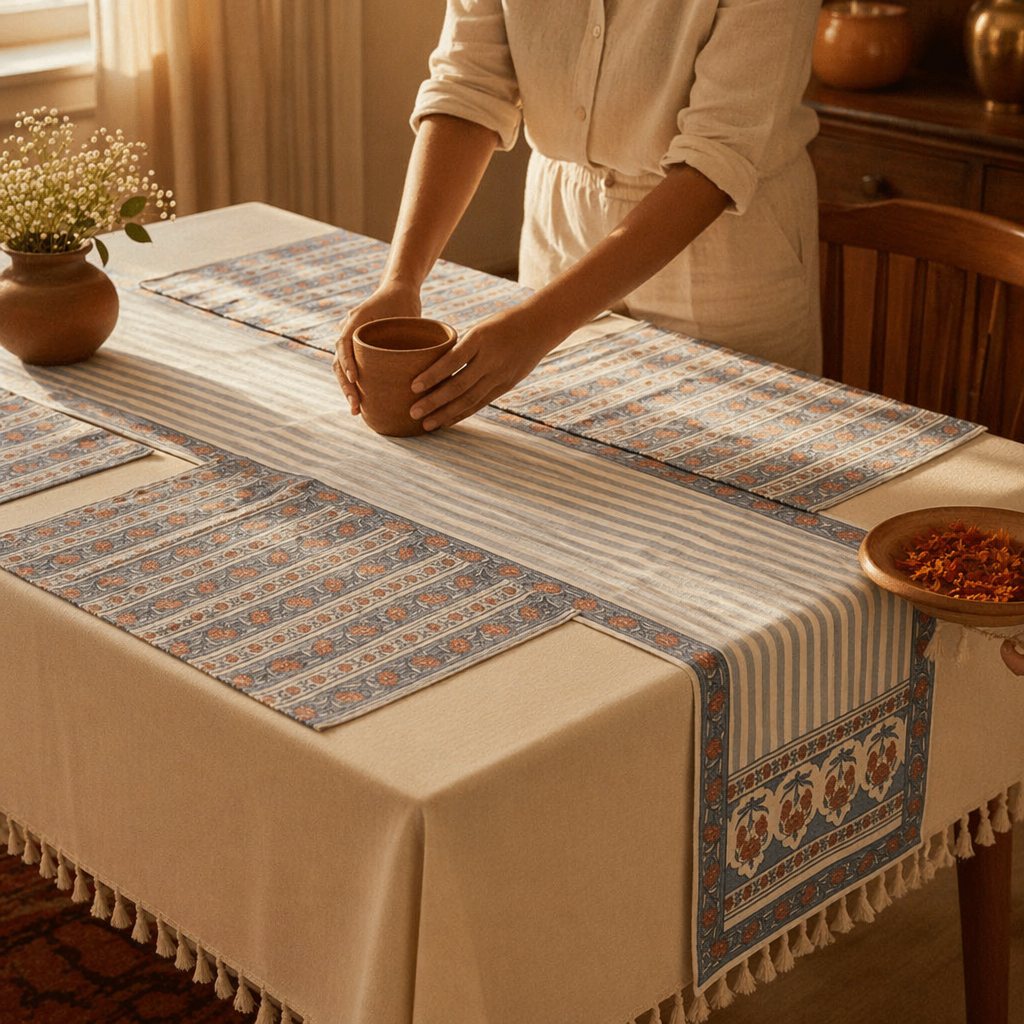 Blue & Dusty Pink Floral Cotton Runner & Mat Set, The Gathered Table. Handmade in India by House of Taraasha.