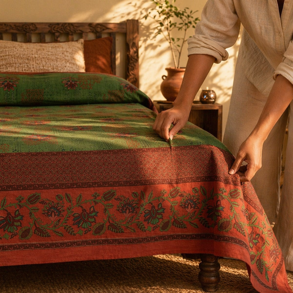 Chintz Revival Green and Brick Red Bed Cover, The Linen Room. Handmade in India by House of Taraasha.