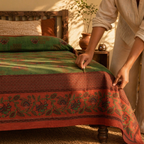 Chintz Revival Green and Brick Red Bed Cover, The Linen Room. Handmade in India by House of Taraasha.