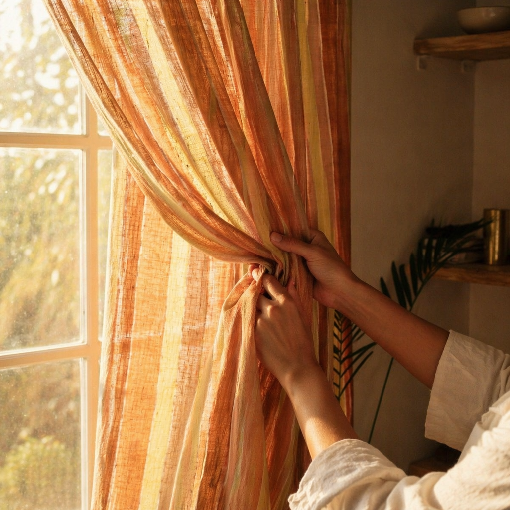 Rust & Green Stripe Handwoven Pure Cotton Door Curtain, The Draped Window. Handmade in India by House of Taraasha.