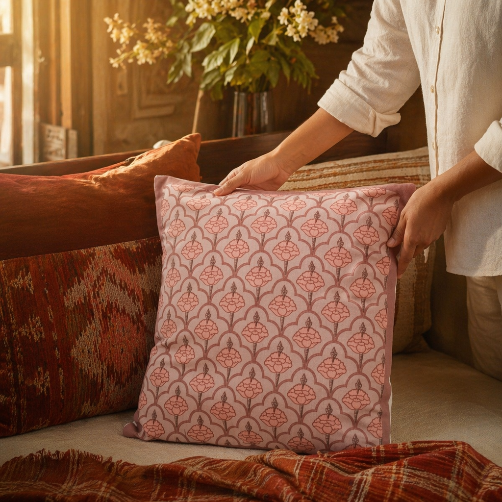 Royal Courtyards Dusty Pink Jaali & Floral Cushion Set, The Living Room. Handmade in India by House of Taraasha.