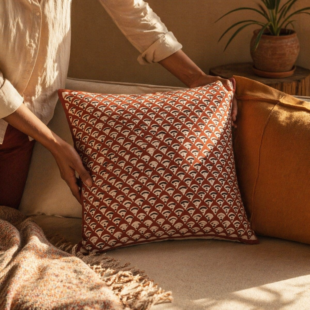 Geometric Maroon Hand Block-Printed Cotton Cushion Cover, The Living Room. Handmade in India by House of Taraasha.