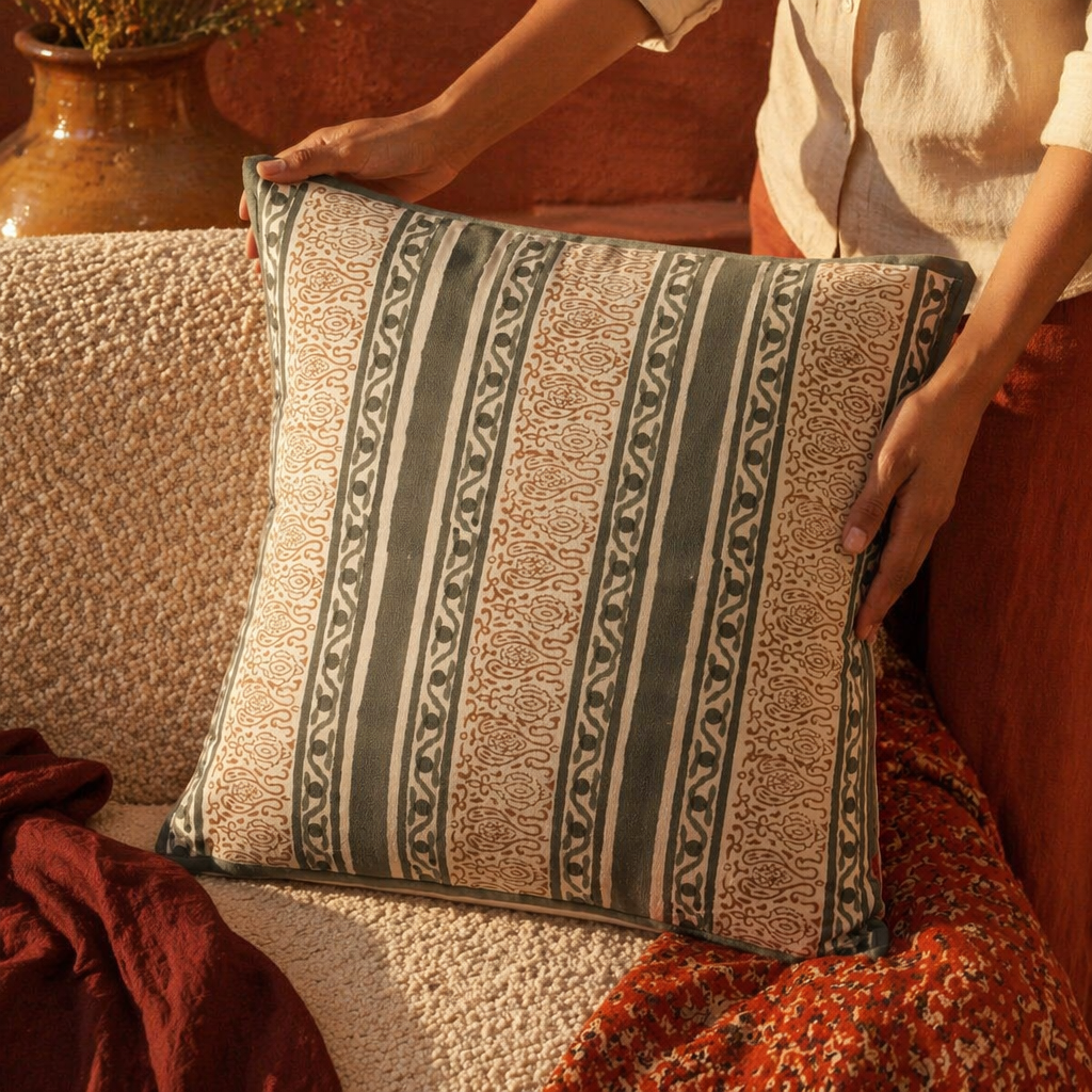 Charcoal Stripe Hand Block-Printed Cotton Cushion Cover, The Living Room. Handmade in India by House of Taraasha.