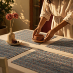 Blue & Dusty Pink Floral Cotton Table Mat, The Gathered Table. Handmade in India by House of Taraasha.