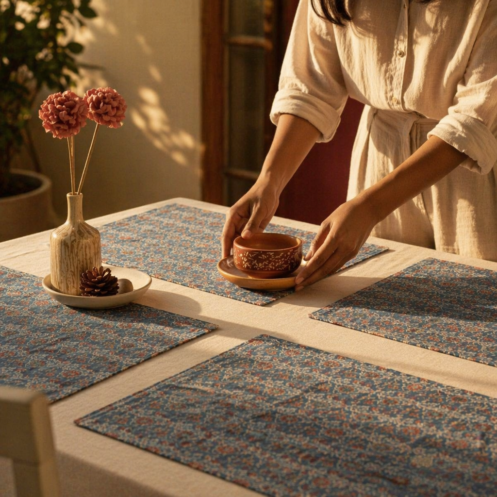 Blue & Dusty Pink Floral Cotton Table Mat, The Gathered Table. Handmade in India by House of Taraasha.