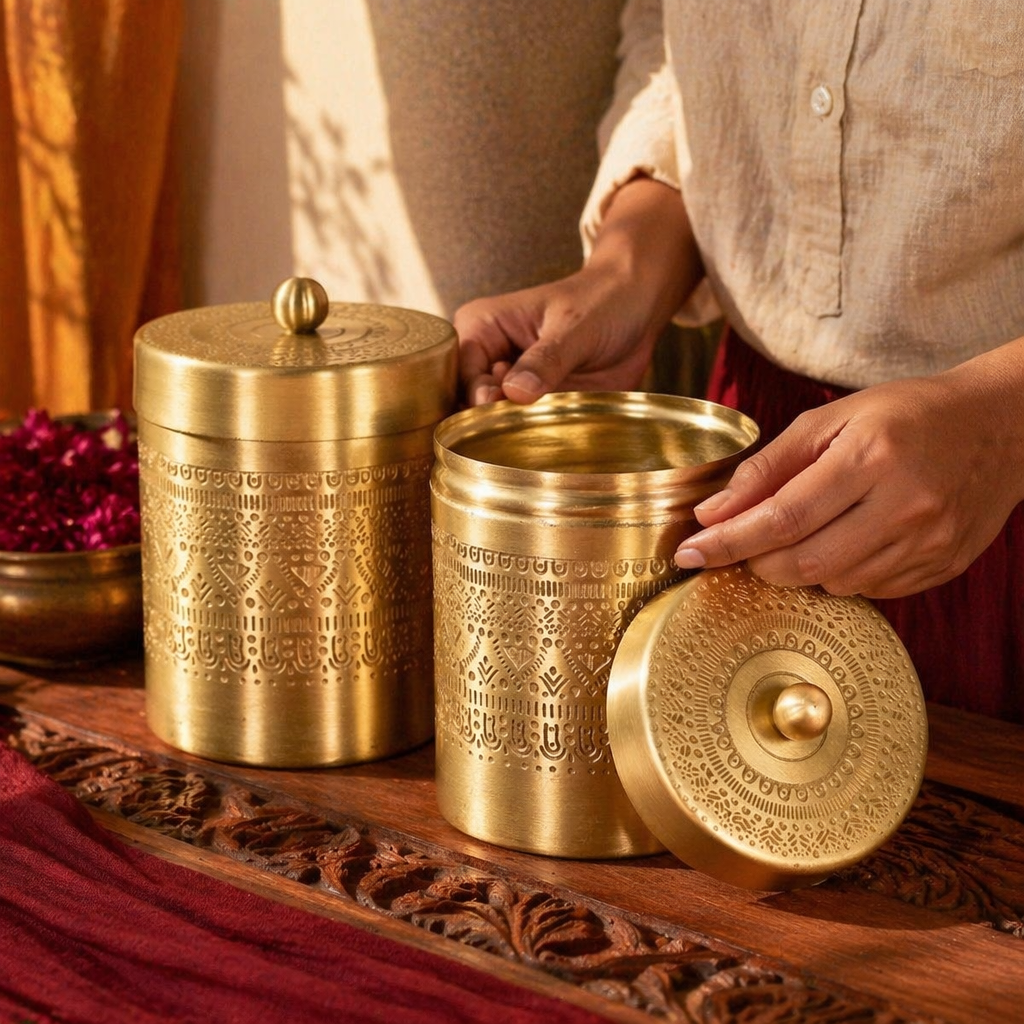 Moradabad Floral-Etched Pure Brass Dabba Pair, The Brass Atelier. Handmade in India by House of Taraasha.