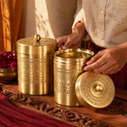 Moradabad Floral-Etched Pure Brass Dabba Pair, The Brass Atelier. Handmade in India by House of Taraasha.