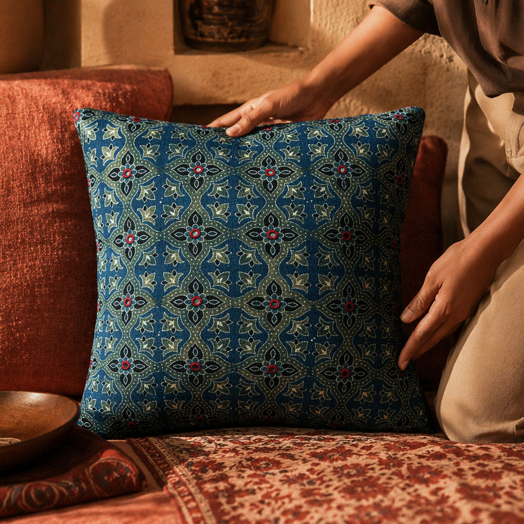 Indigo and Green Block-Printed Mirror-Embroidered Cushion, The Living Room. Handmade in India by House of Taraasha.