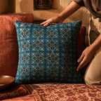Indigo and Green Block-Printed Mirror-Embroidered Cushion, The Living Room. Handmade in India by House of Taraasha.