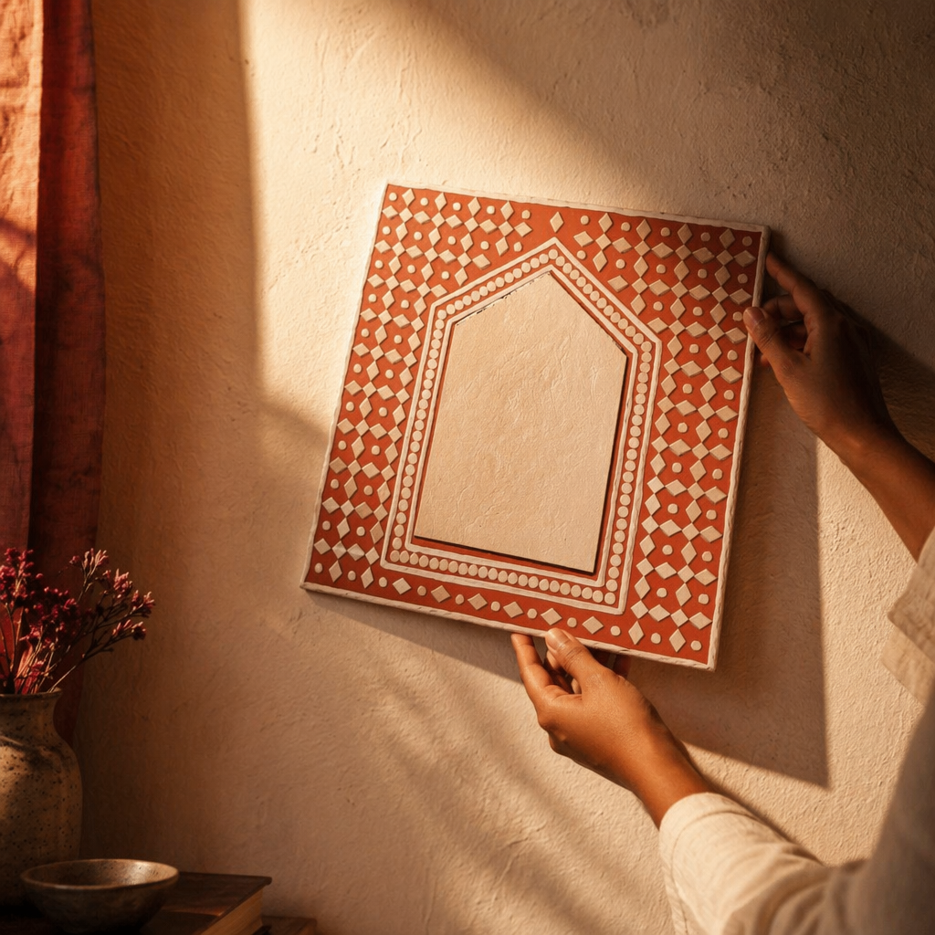 Brick Red Lippan Mirror Kutch Mud and Glass, The Art Wall. Handmade in India by House of Taraasha.