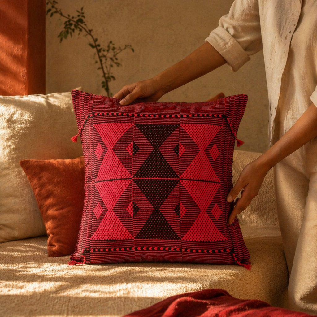 Naga Tribal Backstrap-Woven Red and Black Pattern Cushion Cover, The Living Room. Handmade in India by House of Taraasha.