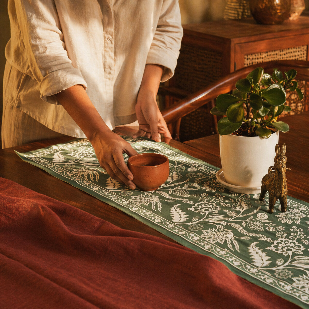 Cotton Canvas Runner Aqua Green, The Gathered Table. Handmade in India by House of Taraasha.