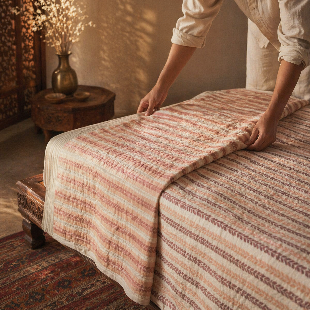 Dusty Pink Royal Courtyards Reversible Quilt, The Linen Room. Handmade in India by House of Taraasha.