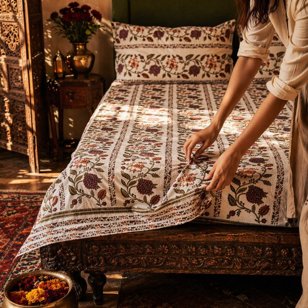 Floral Vine 300 TC Block-Printed Cotton Bedsheet, The Linen Room. Handmade in India by House of Taraasha.