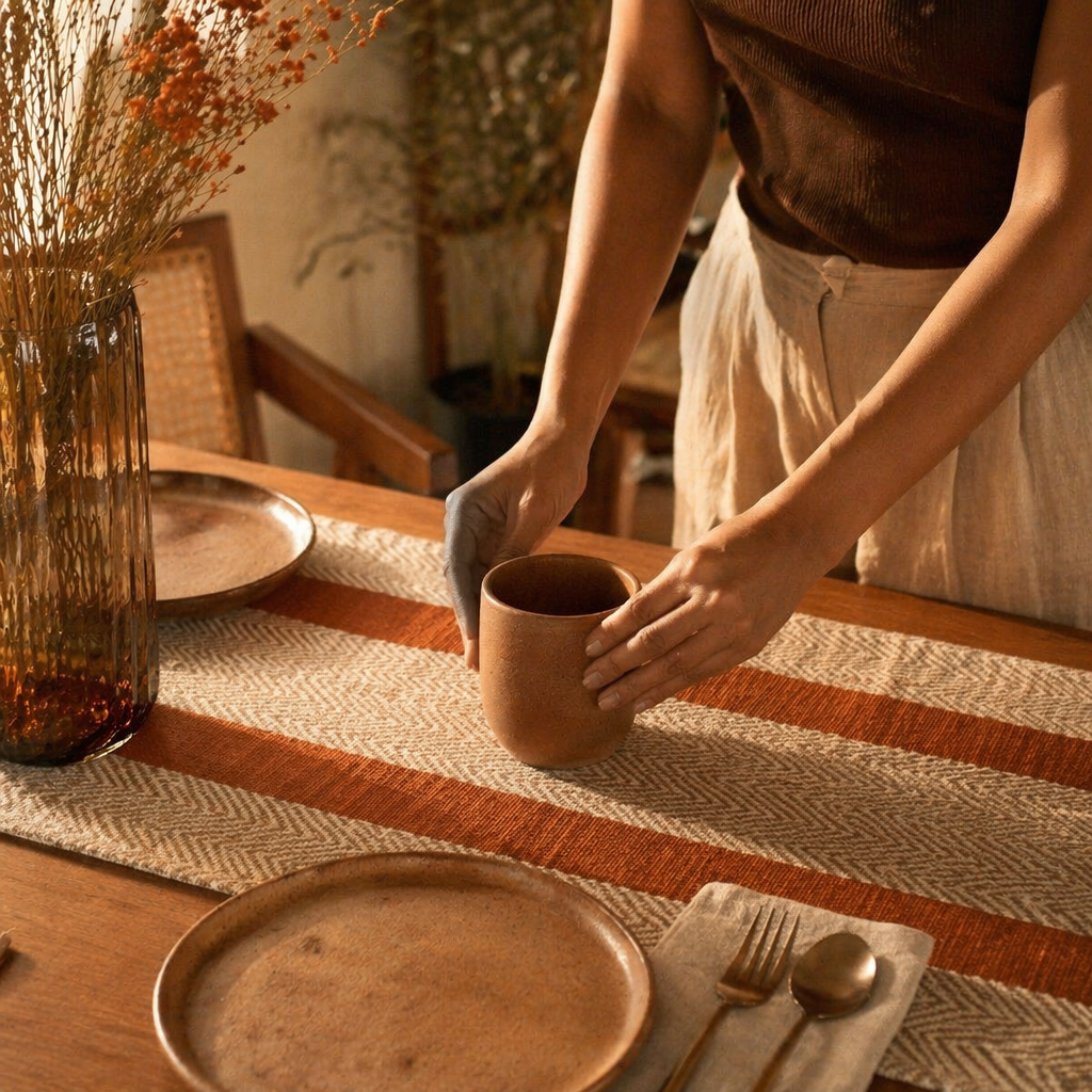Madur Rust Handwoven Grass Table Runner, The Gathered Table. Handmade in India by House of Taraasha.