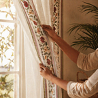 Floral Border Block-Print Sheer Door Curtain, The Draped Window. Handmade in India by House of Taraasha.