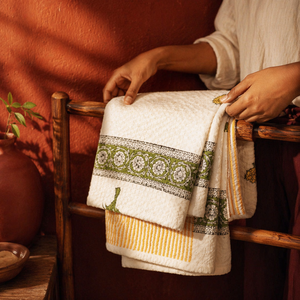 Marigold Pattern Hand Block-Printed Cotton Towels, The Linen Room. Handmade in India by House of Taraasha.