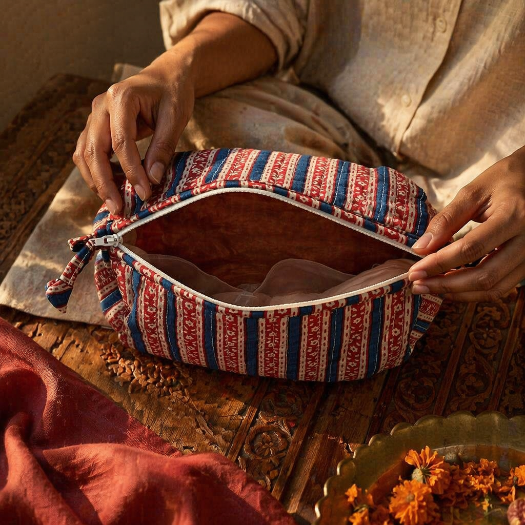 Quilted Block-Print Pouch Red and Blue, Medium, The Gift Room. Handmade in India by House of Taraasha.