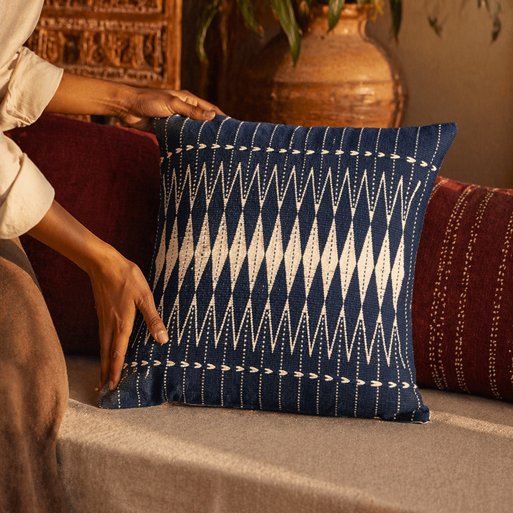 Naga Indigo Backstrap-Loom Woven Tribal Cushion Cover, The Living Room. Handmade in India by House of Taraasha.