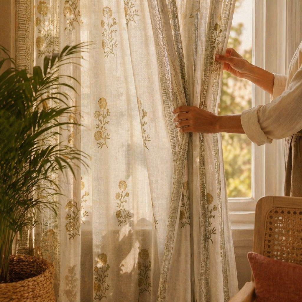 Sheer Taupe and Olive Green Mulmul Curtain, The Draped Window. Handmade in India by House of Taraasha.