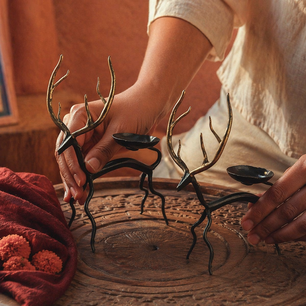 Golden Deer Bastar Lohshilp Wrought Iron Tea Lights, Still Light. Handmade in India by House of Taraasha.