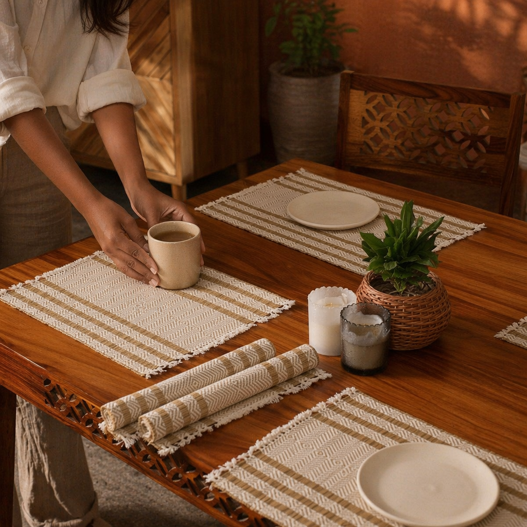Off-White Madur Grass Table Mat, The Gathered Table. Handmade in India by House of Taraasha.