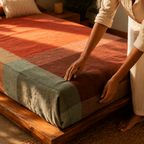 Marigold Rust Handwoven Cotton Bed Cover, The Linen Room. Handmade in India by House of Taraasha.