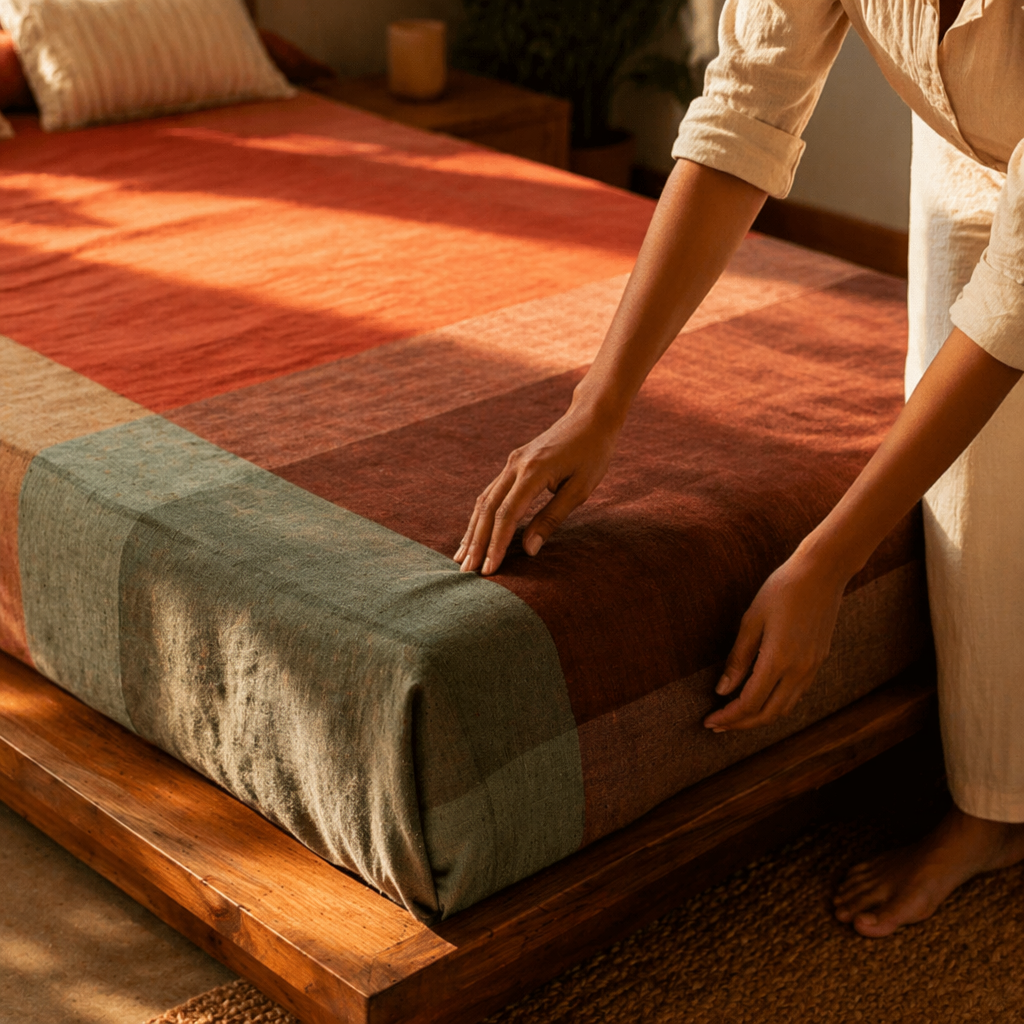 Marigold Rust Handwoven Cotton Bed Cover, The Linen Room. Handmade in India by House of Taraasha.