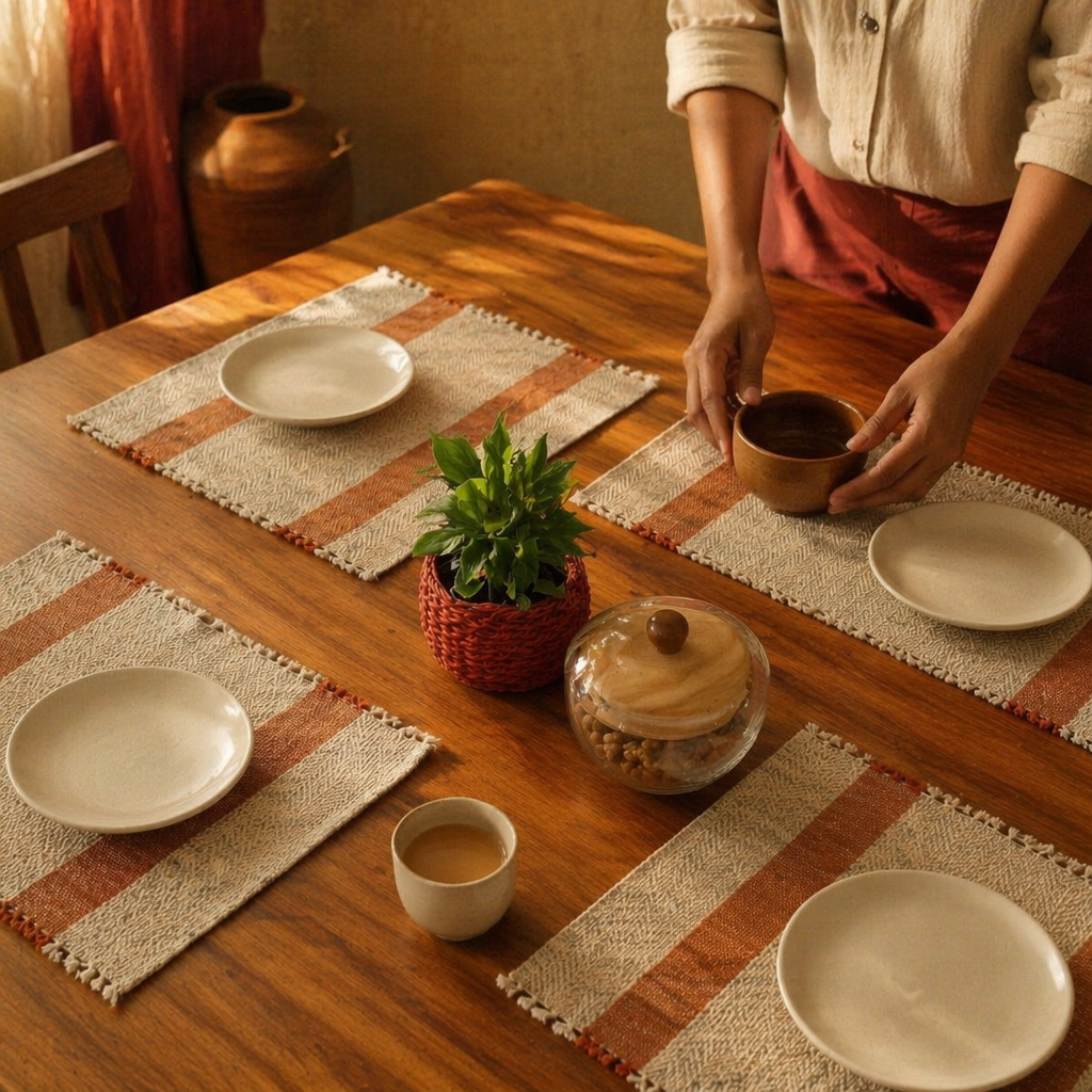 Rust & Off-White Madur Grass Table Mat, The Gathered Table. Handmade in India by House of Taraasha.