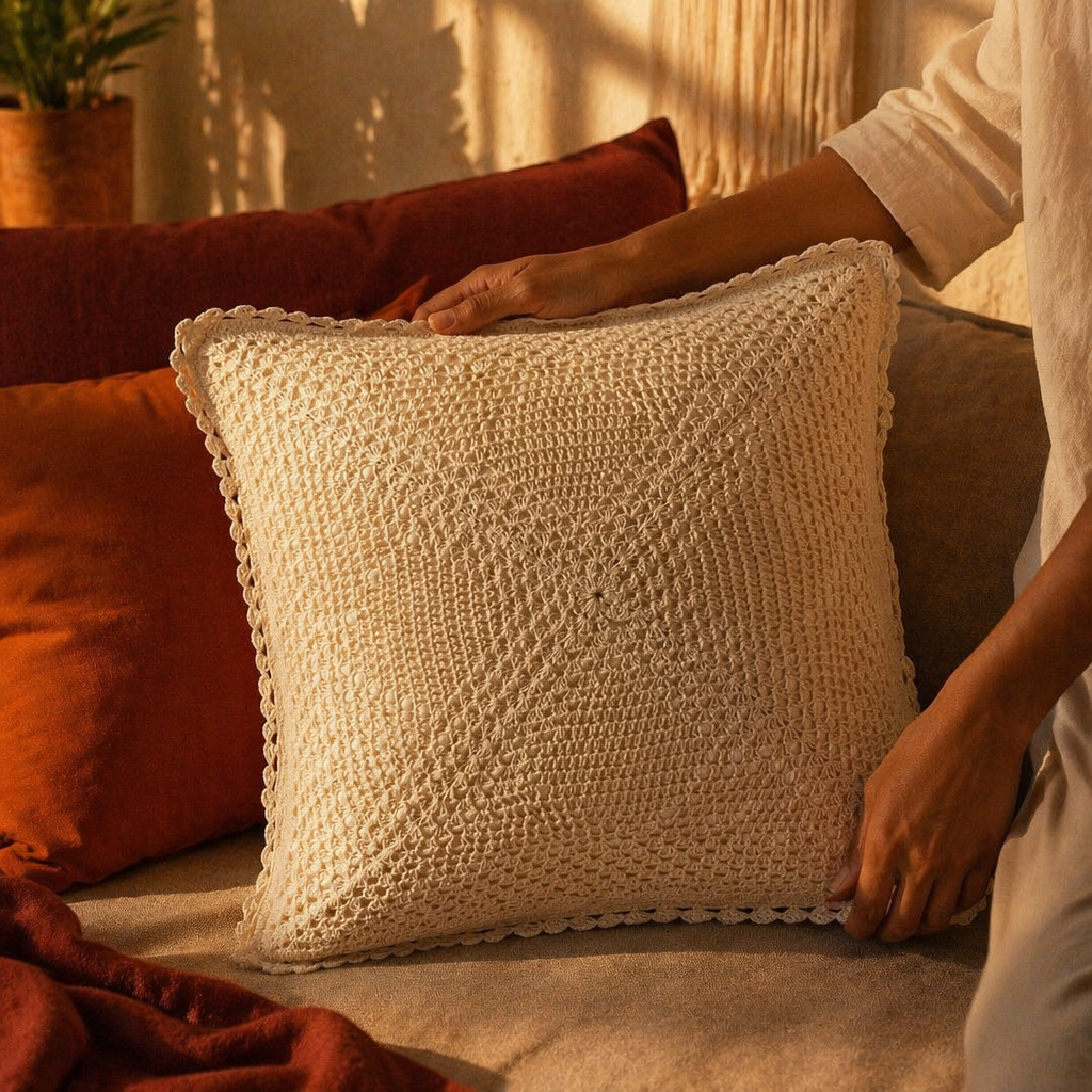 Quad Pattern White Hand-Crocheted Cushion Cover, The Living Room. Handmade in India by House of Taraasha.