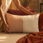 Taupe and Off White Rectangular Crochet Cushion Cover, The Living Room. Handmade in India by House of Taraasha.